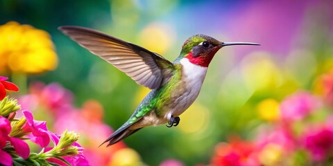 Fototapeta premium Ruby-Throated Hummingbird in Tilt-Shift Focus - Captivating Moment at Nectar Feeder with Blurred Background for Nature and Birdwatching Enthusiasts