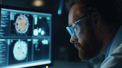 Focused Researcher Analyzing Data on Computer Screen