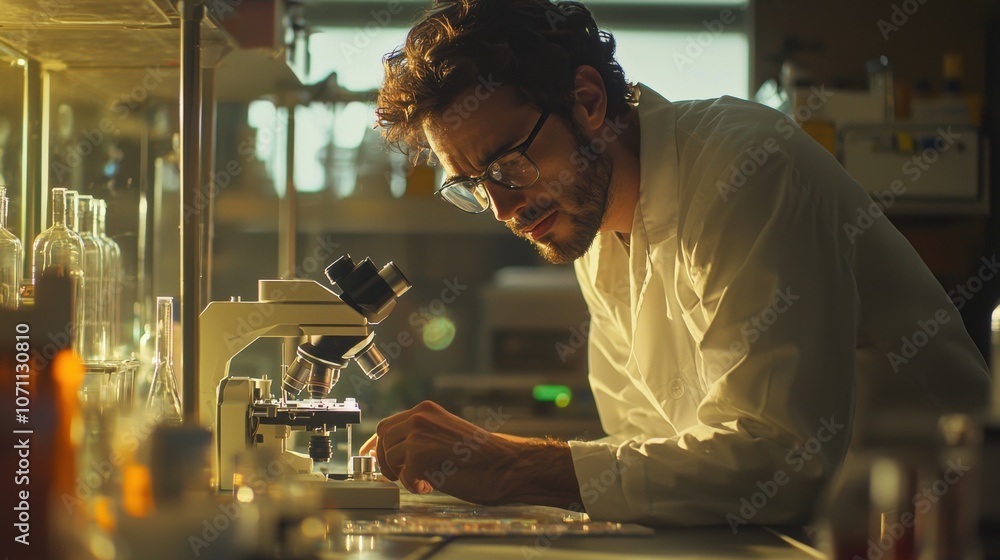 Poster scientist preparing slides with microscope in laboratory