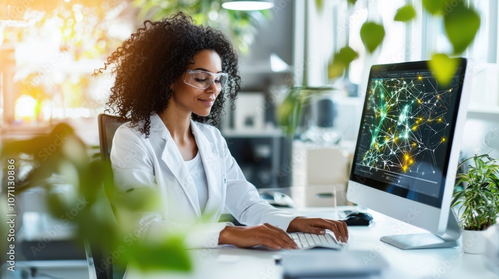 Poster female scientist reviewing data at computer workstation
