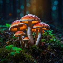 Fototapeta premium fairy forest in the middle of the night, there are very beautiful mushrooms, macro shot, colorful details, natural light, amazing composition.
