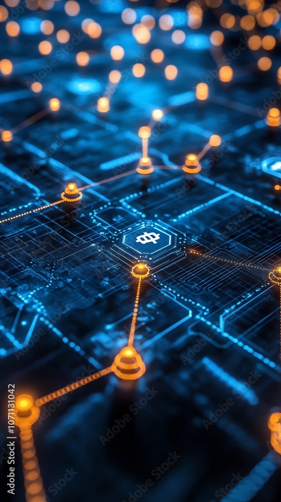 Poster a glowing circuit board with a central chip and connected nodes.