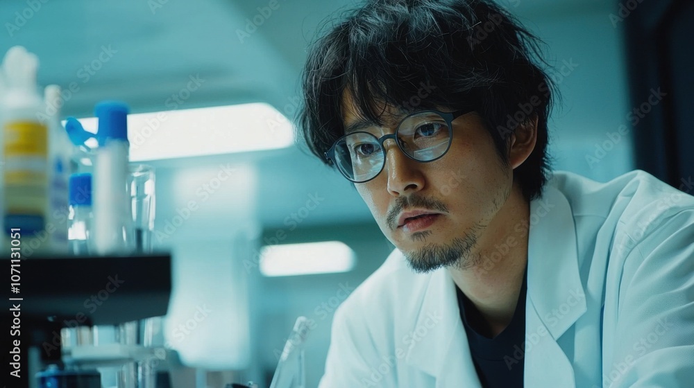 Poster focused scientist analyzing data in laboratory setting