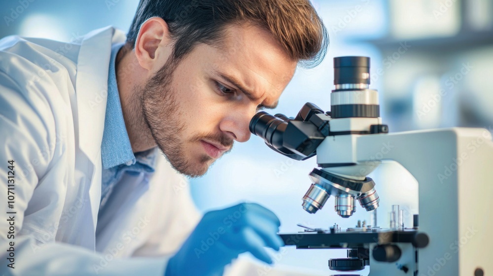 Poster Scientist Analyzing Samples Under Microscope in Lab