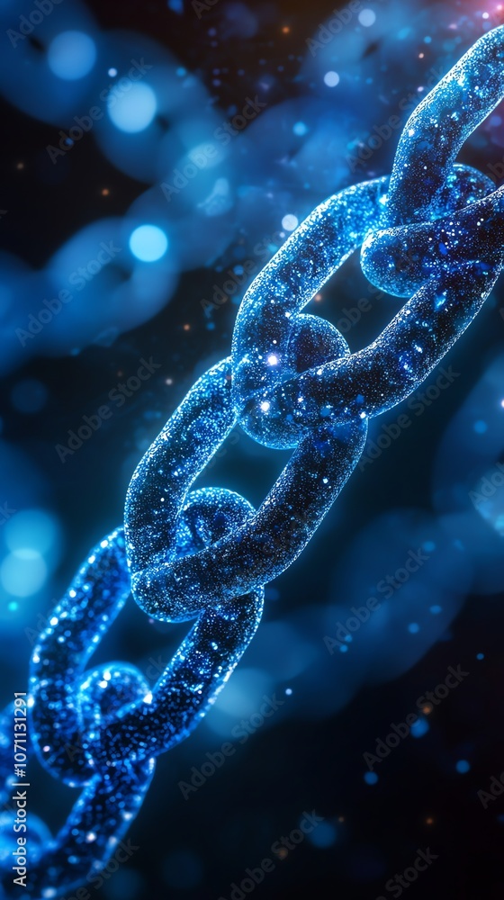 Poster A close-up of a glowing blue chain, made of tiny particles, against a dark background with a bokeh effect.