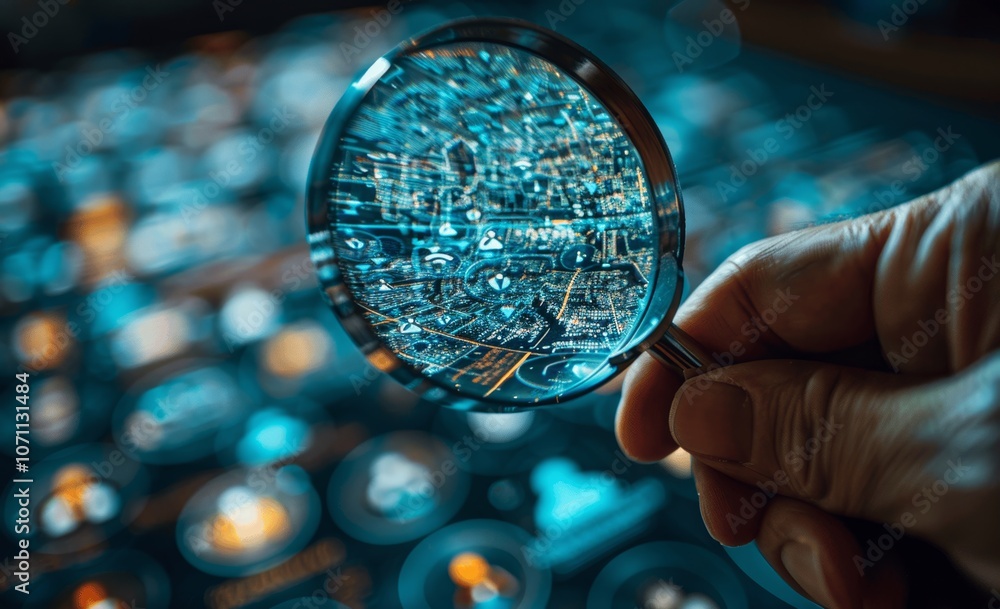 Poster human resources concept with magnifying glass and social network connections for crm and talent deve
