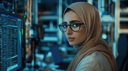 Female IT Specialist in Hijab Troubleshooting Device