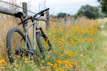 Obraz premium Mountain Bike Leaning Against a Fence