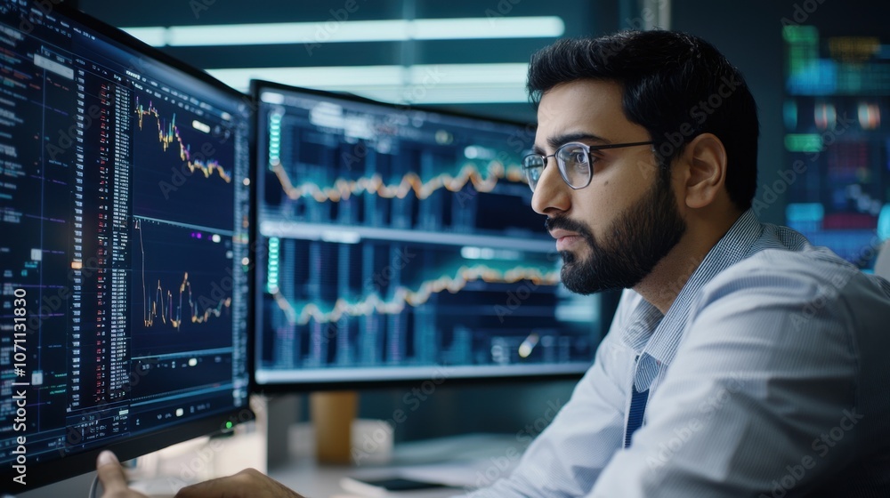 Poster data analyst reviewing charts on computer screen