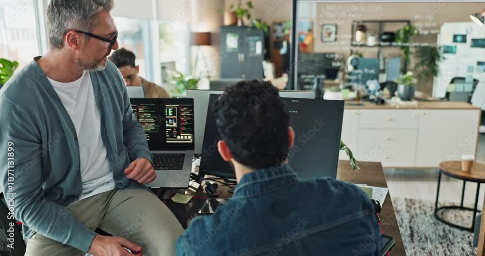 Leinwandbilder Men, discussion and computer screen for coding in office with reading, review or advice for programming. People, partnership and developer by pc for collaboration, thinking and IT solution at startup