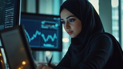 Professional Woman in Hijab Working on Financial Analysis