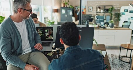 Men, discussion and computer screen for coding in office with reading, review or advice for programming. People, partnership and developer by pc for collaboration, thinking and IT solution at startup - Powered by Adobe