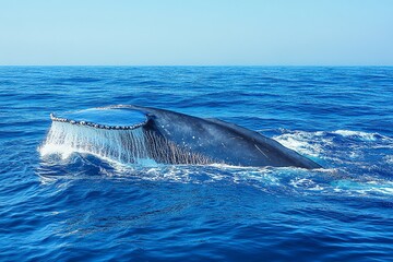 Fototapeta premium A humpback whale breaches the surface of the ocean, its tail fin visible above the water, creating a splash and spray.