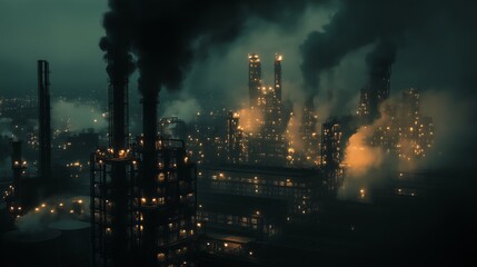 Fototapeta premium Industrial plant emitting dark smoke, pollutants rising, glowing lights, surrounding air thickened. AI generated