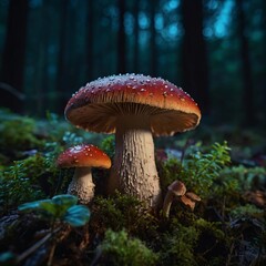 fairy forest in the middle of the night, there are very beautiful mushrooms, macro shot, colorful details, natural light, amazing composition.
