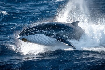 Fototapeta premium A humpback whale breaches the surface of the ocean, creating a spray of water.