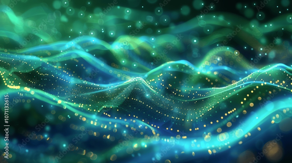 Poster green and blue abstract digital wave background with glowing particle lines