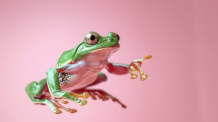 Green Tree Frog Jumping on Pink Background Close-Up for Leap Year