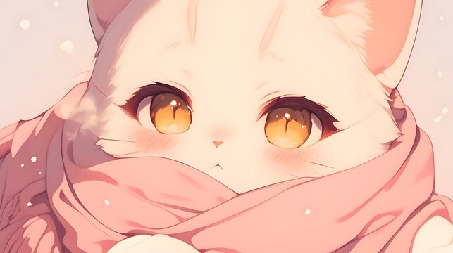 Charming anime cat avatar with cozy pink scarf, pastel tones, warm and endearing expression