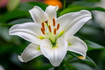 Fototapeta premium Close-up of a lily in a garden, capturing the softness of each petal and the bright colors of the stamen