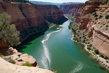 Hidden canyon with emerald-green river winding through red rock walls