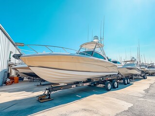 Fototapeta premium A large white and gold motorboat sits on a trailer in a boatyard, with other boats in the background.
