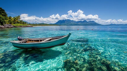 Naklejka premium A small wooden boat floats in crystal clear turquoise water with a tropical island in the background.