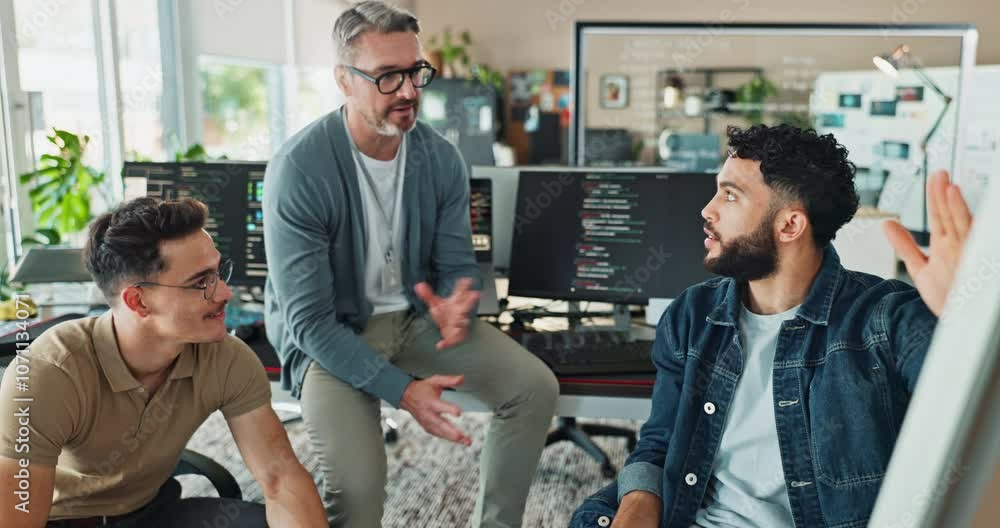 Aufkleber Men, group and programming in office with discussion, computer or feedback with software at startup. People, team and developer with planning, collaboration or coding with scrum by board at IT agency