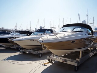 Fototapeta premium Three boats on trailers in a marina on a sunny day.