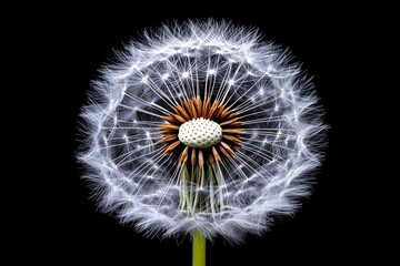 Detailed shot of a dandelion in seed, with fine textures and delicate details