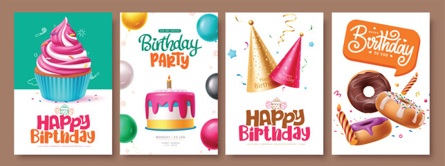 Happy birthday greeting poster vector set. Birthday greeting text with cup cake, cake, party hat, donut and candle decoration elements for party clip art collection. Vector illustration invitation 