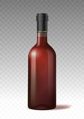 Realistic alcohol bottle. Brown alcoholic package. Menu for pub or bar. Bottle for brandy or cognac, liquor. Poster or banner. 3D vector illustration