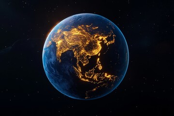 Fototapeta premium Digital 3D model of Earth with a smooth, modern appearance, glowing with artificial light in space