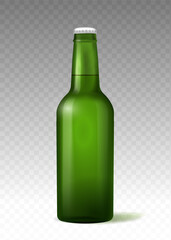 Realistic alcohol bottle. Green alcoholic package with beer. Menu for pub or bar. Package for alcoholic beverage. 3D vector illustration