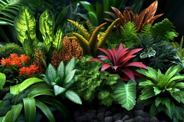 Fototapeta premium Forest ecosystem on Earth with diverse plants, small animals, and a vibrant, natural atmosphere