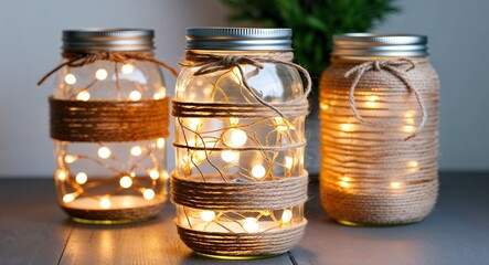 DIY mason jar lantern with fairy lights and twine wrap
