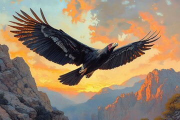 Obraz premium A majestic black vulture soars through the air against a breathtaking sunset backdrop of majestic mountains.