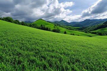 Fototapeta premium Grass-covered hillside under a cloudy sky, with wind blowing gently through the field