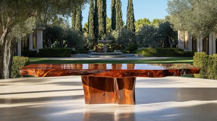 Obraz premium Unique Wooden Table Surrounded by Lush Greenery