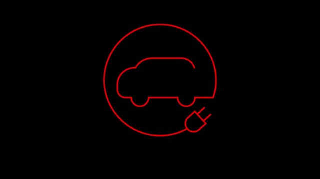Glowing neon line Electric car and electrical cable plug charging, battery pack. red energy concept.