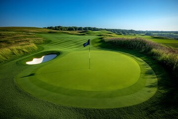 Lush green golf course with a flag on the 18th hole, set against a bright blue sky