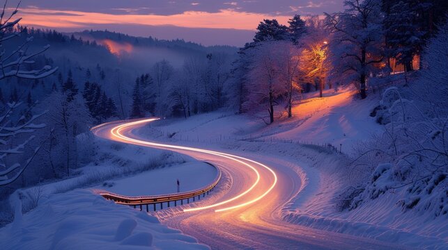 Traces of light on the A9 motorway, curvy road, twilight, winter, long-term exposure
