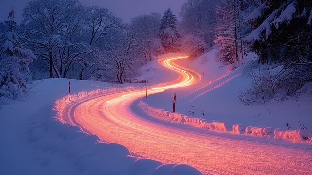 Traces of light on the A9 motorway, curvy road, twilight, winter, long-term exposure