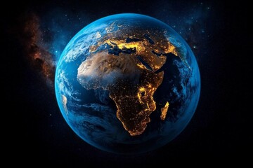 Fototapeta premium Portrait of Earth in the night, with city lights illuminating the continents and deep space in the background