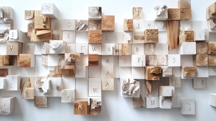 Abstract Wood Block Art with Letters and Shapes