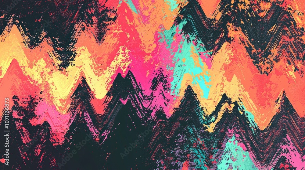 Poster abstract background with colorful brush strokes and zig-zag pattern.