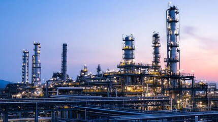 Fototapeta premium A large industrial plant with many tall towers and a beautiful sunset in the background