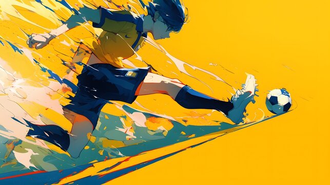 High-energy anime soccer player in mid-kick, bright yellow background, intense action