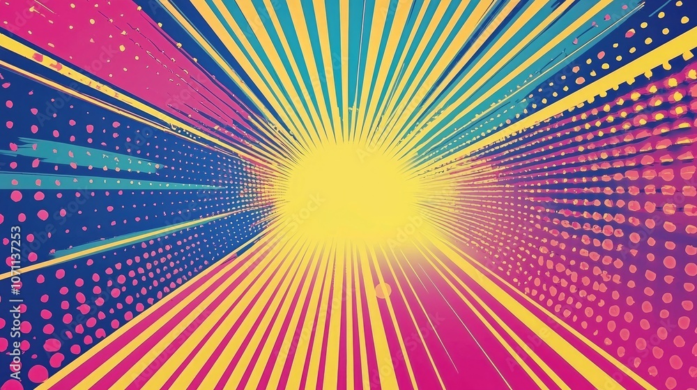 Poster abstract background with colorful stripes and dots converging to a bright center.