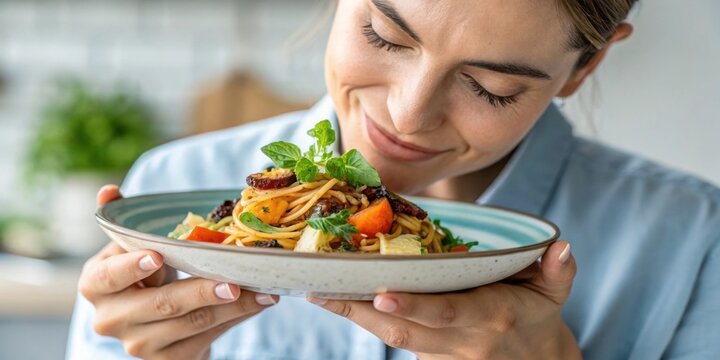 Mindful Eating A closeup of hands holding a plate of food with a person taking a moment to enjoy their meal. The focus on the act of eating slowly emphasizes the strategy of